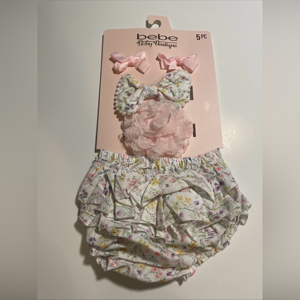 Bebe Baby Boutique 5 Piece Set, Bows, & 2 Headbands Pink &Floral Print New